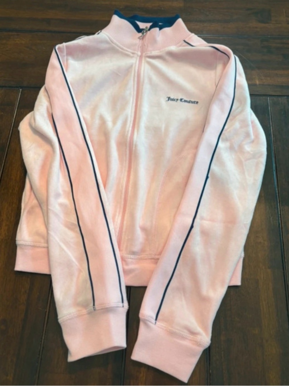 Juicy Couture Light Pink Velour Track Jacket with Navy Blue Trim, Size M